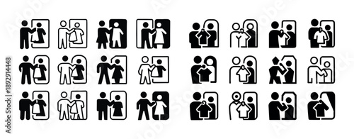 Stylized icons of people interacting with mirrors in various activities