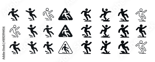 Collection of black and white slip and fall safety icons
