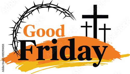 Good Friday Vector Graphic with Three Crosses Silhouette on Orange Brush Stroke Background and Crown of Thorns