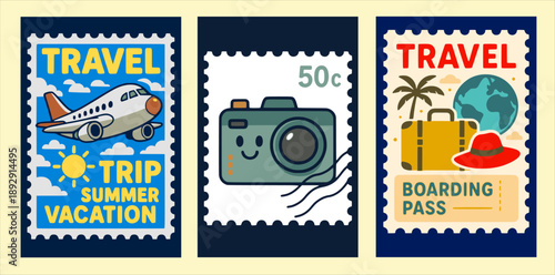 A collection of three postage stamps, each depicting a different travel theme with playful illustrations