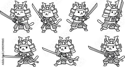 Collection of Cute Cartoon Samurai Cat Silhouettes Wearing Traditional Japanese Armor and Holding Katana Swords for Character Design and Mascot Illustrations