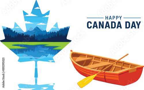 Happy Canada Day vector illustration with maple leaf double exposure nature landscape and wooden rowing boat graphic.