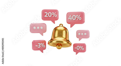 A golden bell surrounded by pink speech bubbles with percentage discounts on transparent background