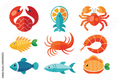 seafood flat icon set silhouette line art vector on white background
