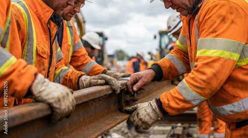 Railway Construction Crew Working - Group of construction workers in orange vests and hard hats work together to assemble railway track on a construction site
