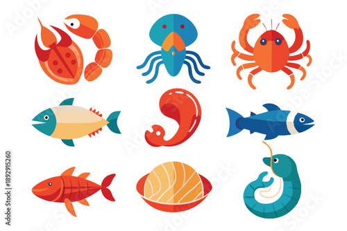seafood flat icon set silhouette line art vector on white background