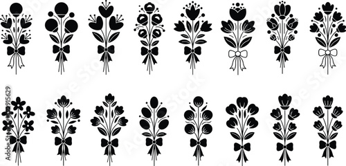 Scandinavian folk floral bouquet silhouettes with bows, decorative flowers and leaves in black and white