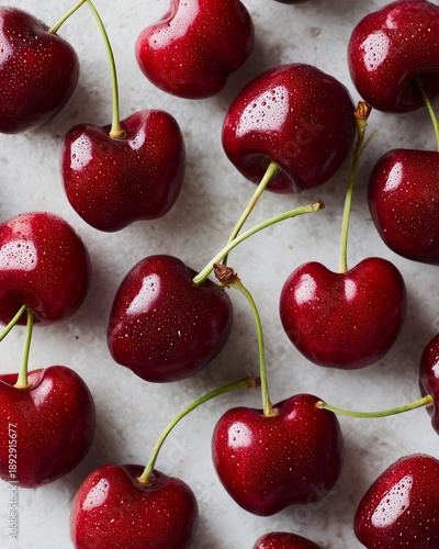 Fresh cherries cut in half and arranged in a still life composition on a light gray surface, showcasing their vibrant red color and glossy texture