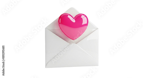 A white envelope with a pink heart on a black background on transparent background