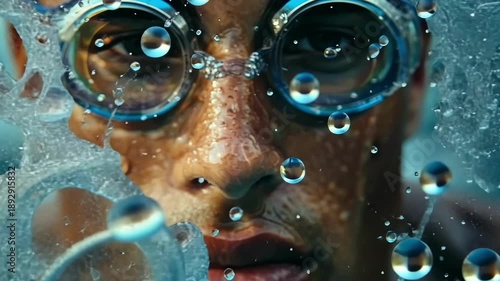 Swimmer dives into water as bubbles surround the face during training in indoor pool