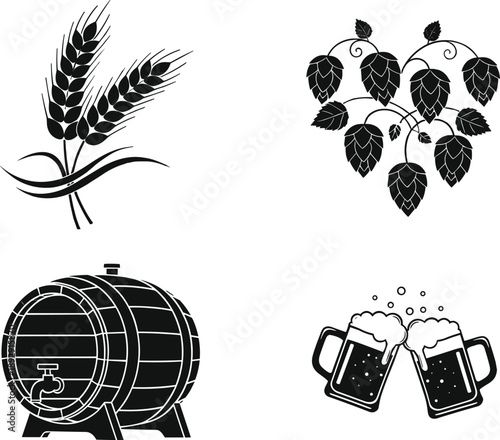 Beer brewing icons set, wheat hops barrel mugs, black silhouette vector illustration for brewery, pub, alcohol branding, packaging, design