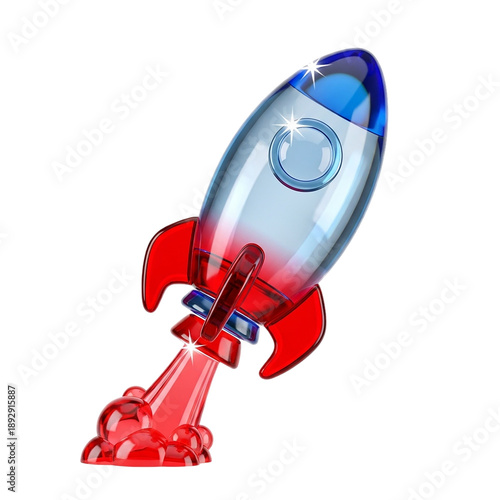 A colorful cartoon rocket ship blasting off into space on transparent background