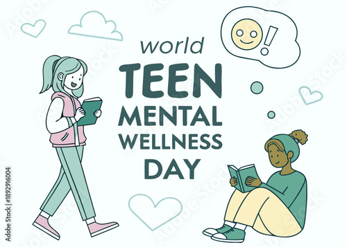 World Teen Mental Wellness Day awareness campaign illustration with teenagers reading books