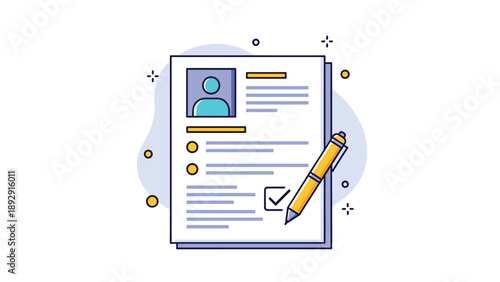 Professional resume document featuring a profile photo and a yellow pen marking a checkmark, representing a successful job application.