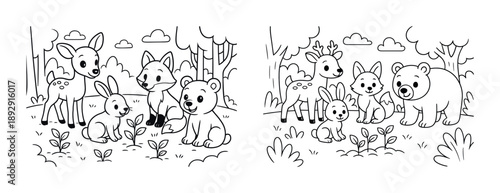 Cute cartoon forest animals: deer, fox, rabbit, and bear gathering in the woods
