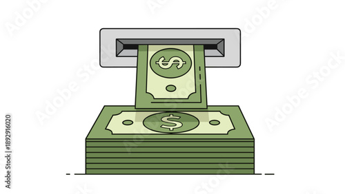 ATM machine slot dispensing a stack of green dollar bills, illustrating banking transactions, cash withdrawal, and financial services.