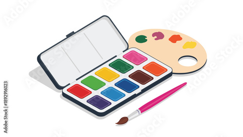 Colorful watercolor palette set with a wooden mixing board and a pink paintbrush, perfect for artistic projects and creative hobbies.