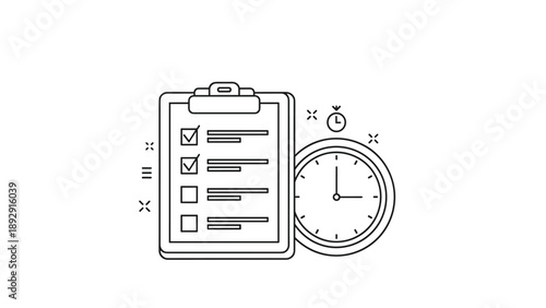 Checklist on a clipboard paired with a clock icon, representing time management, productivity, task completion, and daily scheduling.