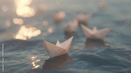 Group of paper boats floating on the surface of the water. the boats are made of white paper and are arranged in a line, with the largest boat in the center and the smaller ones on either side.