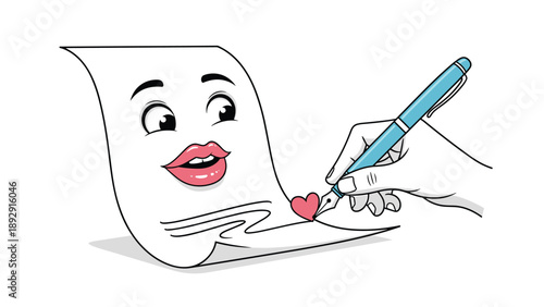 Personified paper sheet with a face being signed by a hand holding a fountain pen, creating a heart-shaped signature for a love letter.