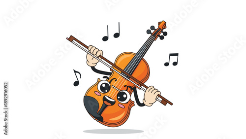 Cute cartoon violin character with a smiling face and arms playing itself with a bow, surrounded by musical notes for children designs.