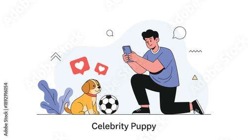 Social media influencer filming a cute puppy playing with a soccer ball, representing pet content creation and digital popularity.