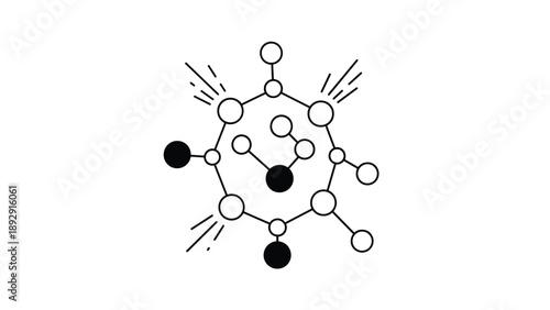 Scientific molecule diagram with nodes and connecting lines, representing chemistry, biology, or complex data structures in black ink.
