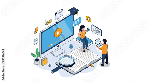 Online education scene with students interacting with a giant computer screen, books, and magnifying glass for digital learning.