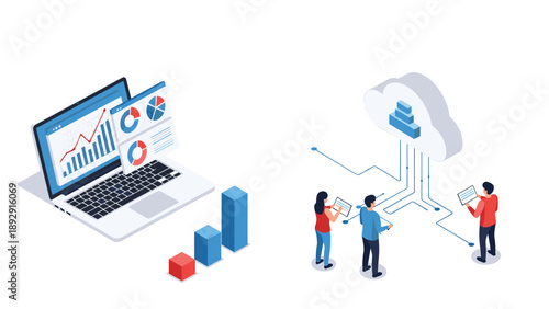 Isometric illustration of business data being uploaded to a cloud server from a laptop, featuring bar charts and small professionals.