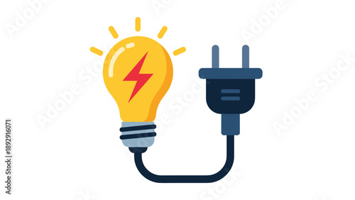 Yellow glowing light bulb with a red lightning bolt inside connected by a thick wire to a dark blue electrical power plug icon.