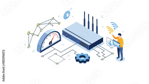 Network router with antennas connected to a speedometer and a user icon, illustrating high-speed internet and wireless connectivity.
