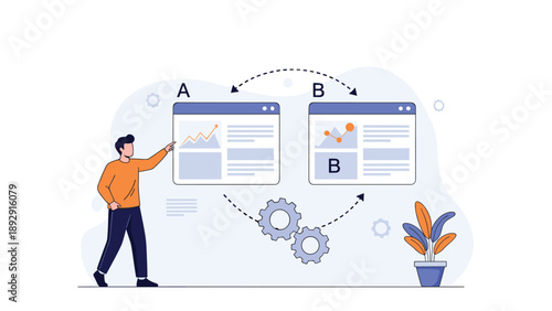Businessman comparing two different webpage layouts with analytics charts, representing A/B testing and digital marketing optimization.