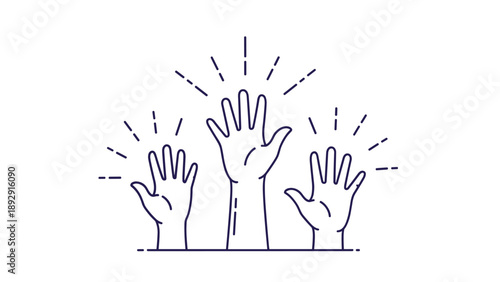 Three hands raised in the air with radiating lines, symbolizing participation, volunteering, voting, or a collective show of support.