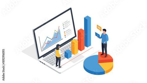 Business analysts study data on a large laptop screen with bar graphs and a 3D pie chart in an isometric office concept.