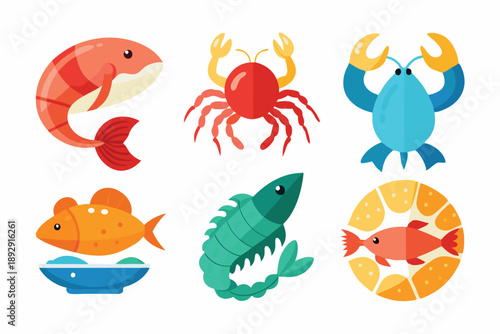 seafood flat icon set silhouette line art vector on white background