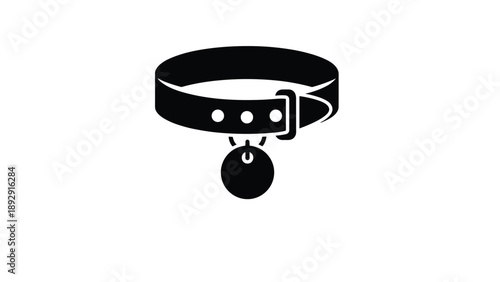 Simple black silhouette of a pet collar featuring a circular identification tag and a metallic buckle against a clean white background.