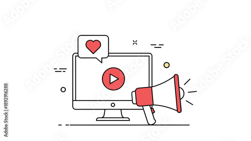 Marketing and social media promotion concepts shown through a computer screen with a play button, heart notification, and a megaphone.