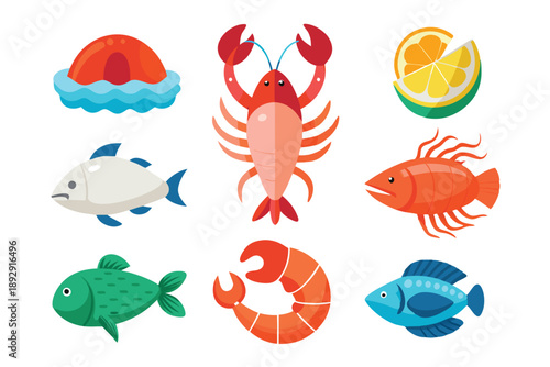 seafood flat icon set silhouette line art vector on white background