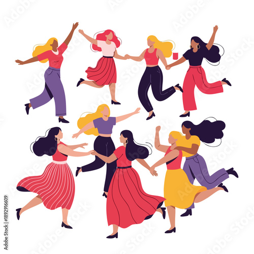 A digital illustration of diverse women celebrating galentine's day, dancing joyfully in colorful outfits on a white background. Perfect for galentine's day promotions, social media posts,