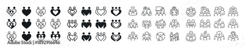 Diverse family icons set: heart, group, interaction, growth, support