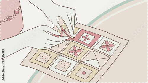 A clean, flat-style vector illustration of hands carefully placing a pink fabric triangle onto a patterned quilt square.