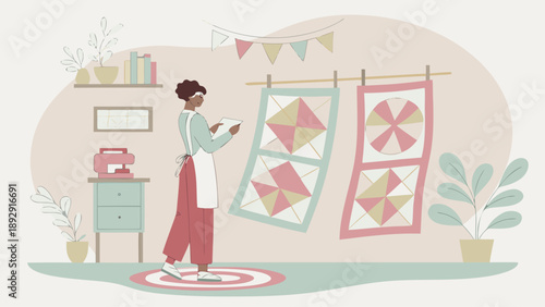 A flat-style vector illustration of a woman in an apron standing in a cozy craft room, inspecting two finished quilt panels hanging on a line. Warm, muted colors.
