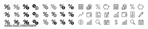 Financial icons set: percentage, dollar signs, calculator, coins, document, wallet