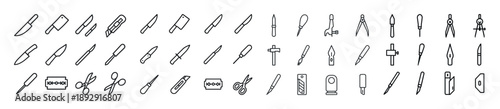 Collection of various blade and cutting tool icons in line art style