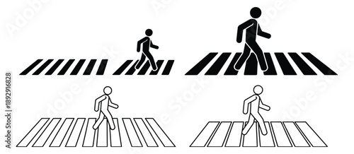 Pedestrian Crosswalk Zebra Crossing Vectors Flat and Outline Style, city transport and traffic walkway vector, pedestrian safety signage, urban crossing illustration