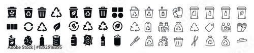 Recycling and waste management icons: bins, recycling symbols, gloves, leaves