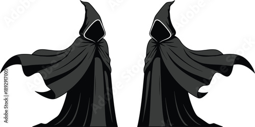 Two black hooded figures with white trim on a white background