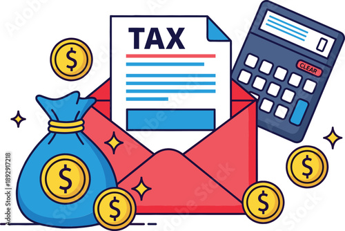 Income tax return concept with document in envelope money bag calculator and gold coins flat vector illustration