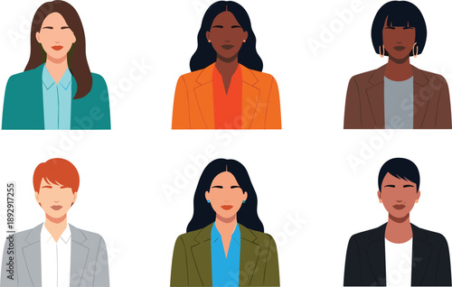 Six diverse businesswomen with different skin tones and hairstyles portraits avatars