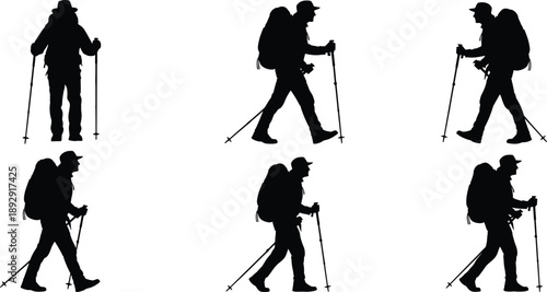Silhouette of hiker with backpack and trekking poles in various walking positions